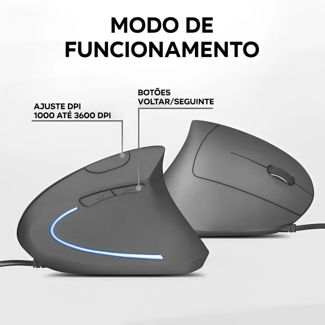 Mouse Vertical Ergonômico Led com 6 Botões Usb Com Fio