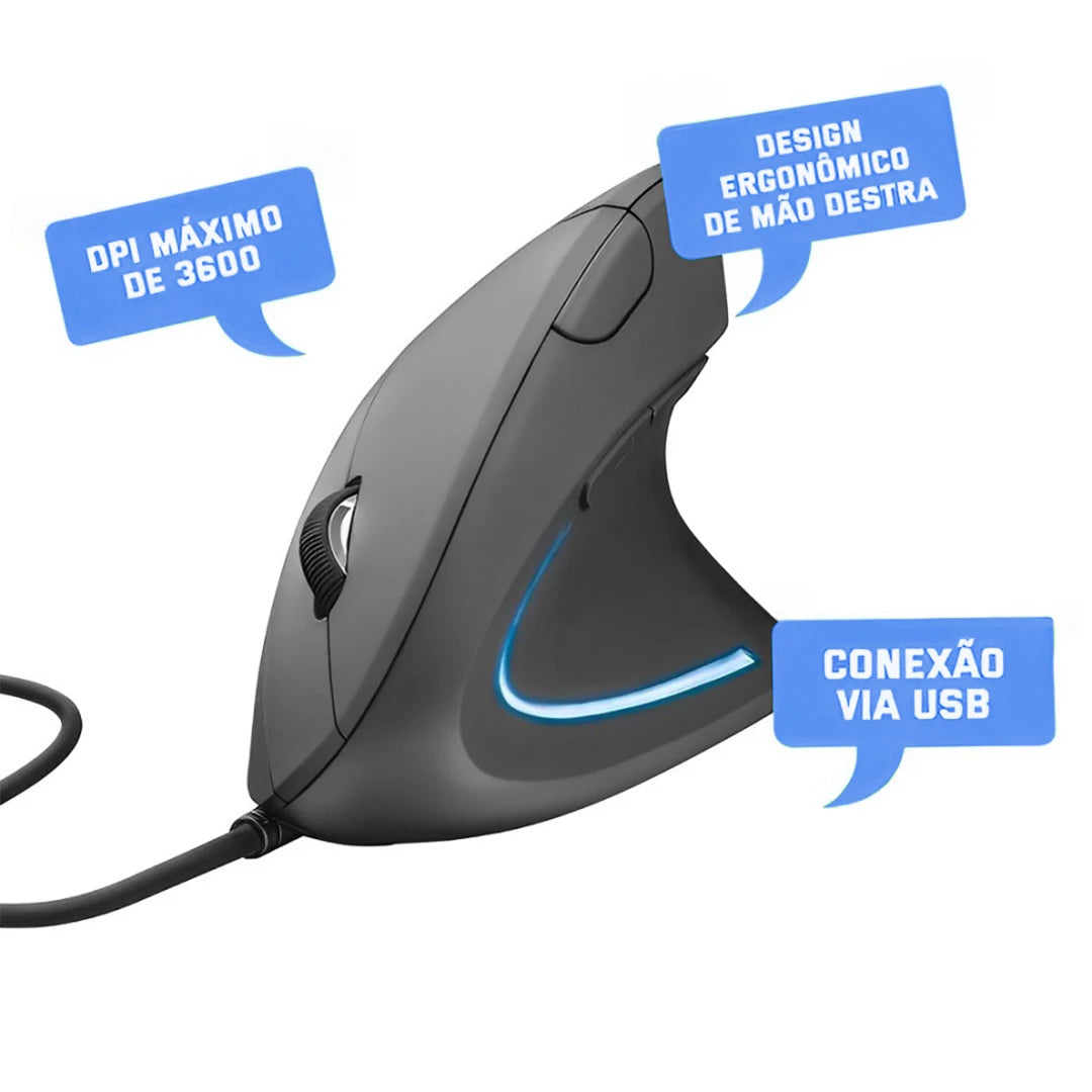 Mouse Vertical Ergonômico Led com 6 Botões Usb Com Fio