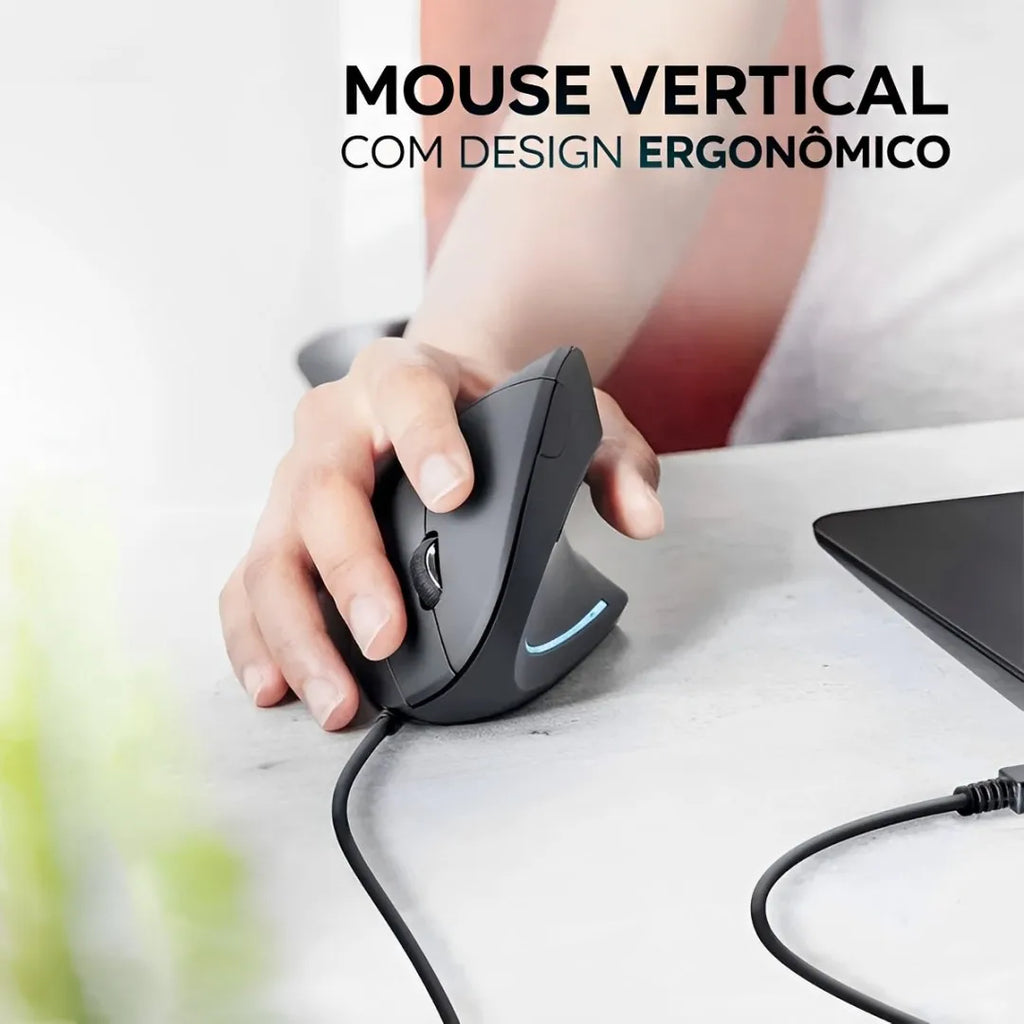 Mouse Vertical Ergonômico Led com 6 Botões Usb Com Fio