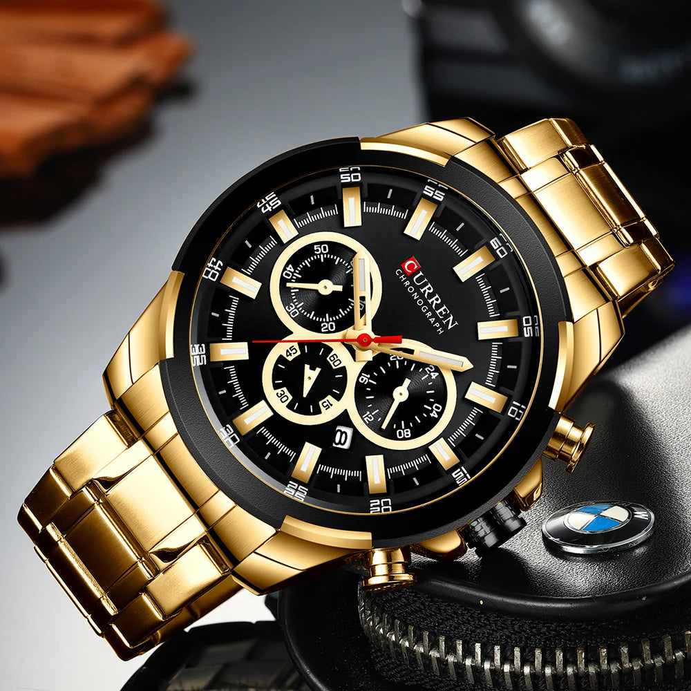 Relógio de pulso esportivo casual CURREN com pulseira de aço inoxidável e cronógrafo
