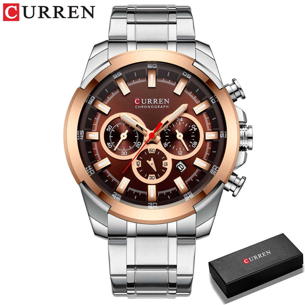 Relógio de pulso esportivo casual CURREN com pulseira de aço inoxidável e cronógrafo