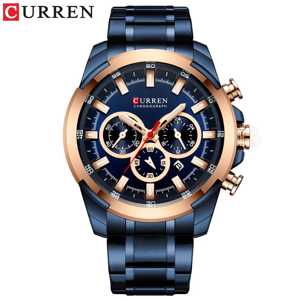 Relógio de pulso esportivo casual CURREN com pulseira de aço inoxidável e cronógrafo