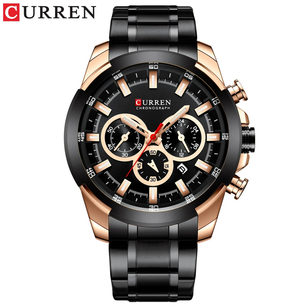 Relógio de pulso esportivo casual CURREN com pulseira de aço inoxidável e cronógrafo