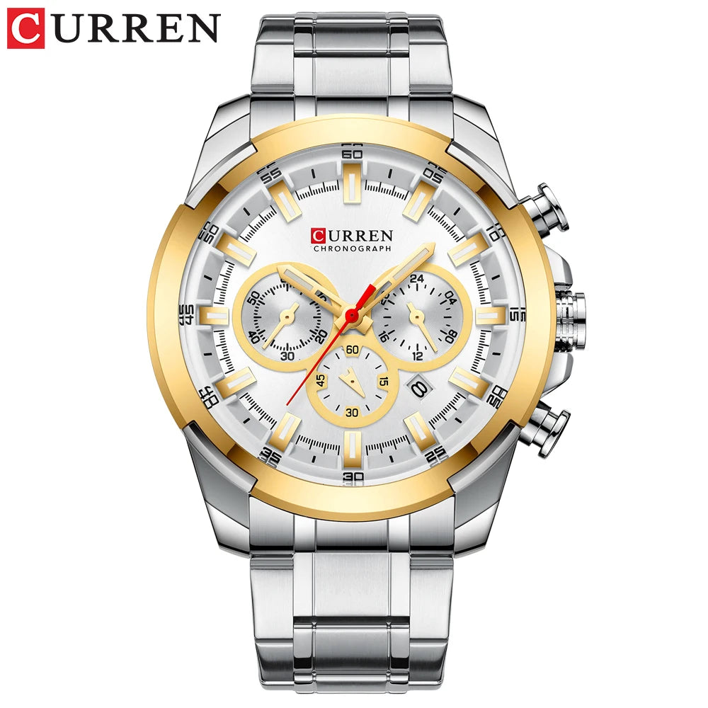 Relógio de pulso esportivo casual CURREN com pulseira de aço inoxidável e cronógrafo
