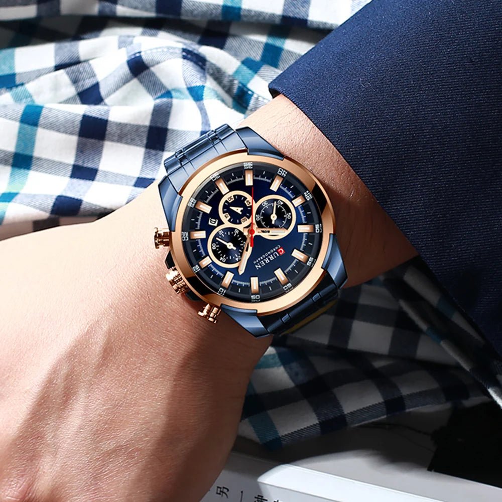 Relógio de pulso esportivo casual CURREN com pulseira de aço inoxidável e cronógrafo