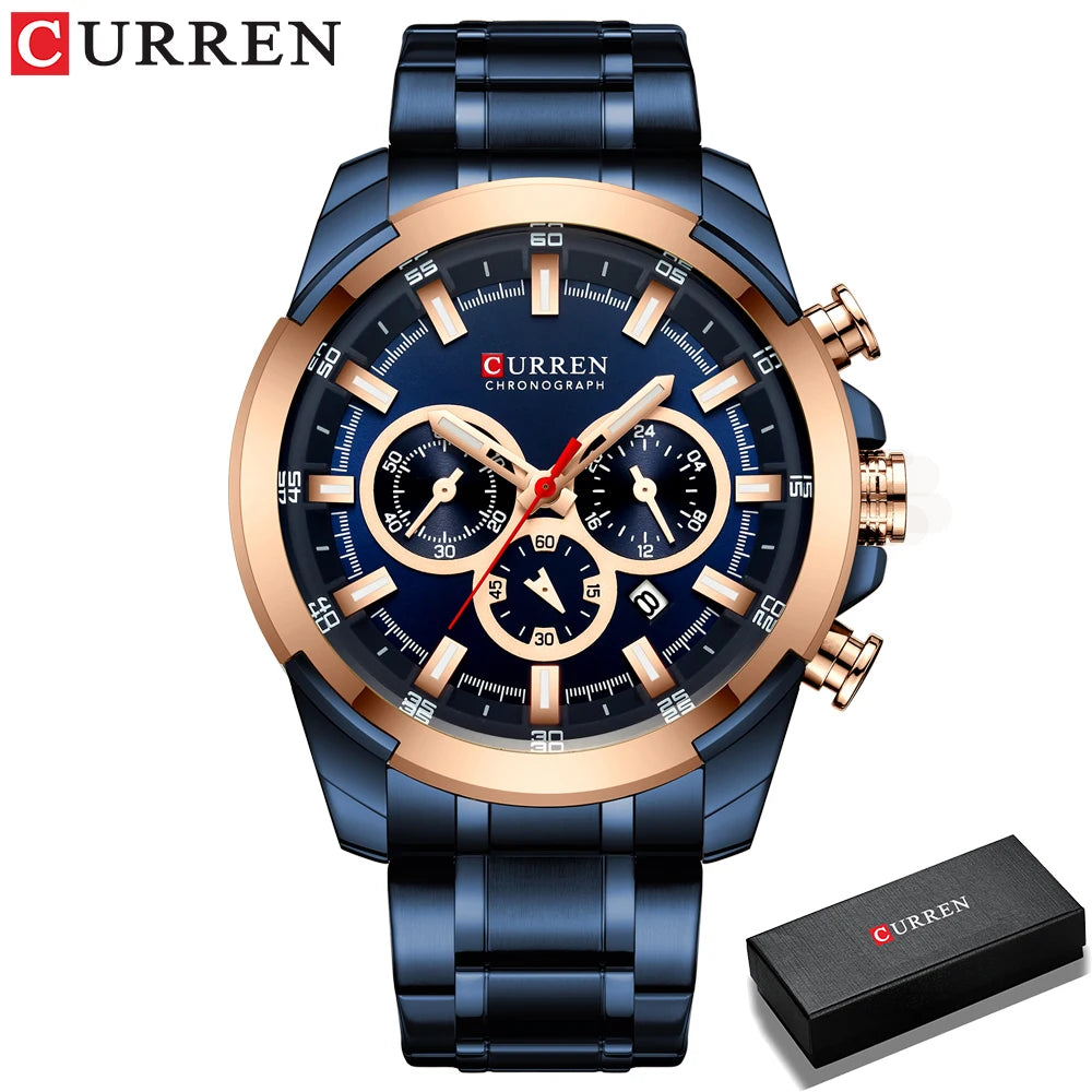 Relógio de pulso esportivo casual CURREN com pulseira de aço inoxidável e cronógrafo