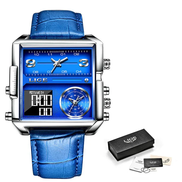 Relógio de Pulso Lige Fashion, de Aço, Digital com Mostrador Duplo, À Prova D'água, Quartzo
