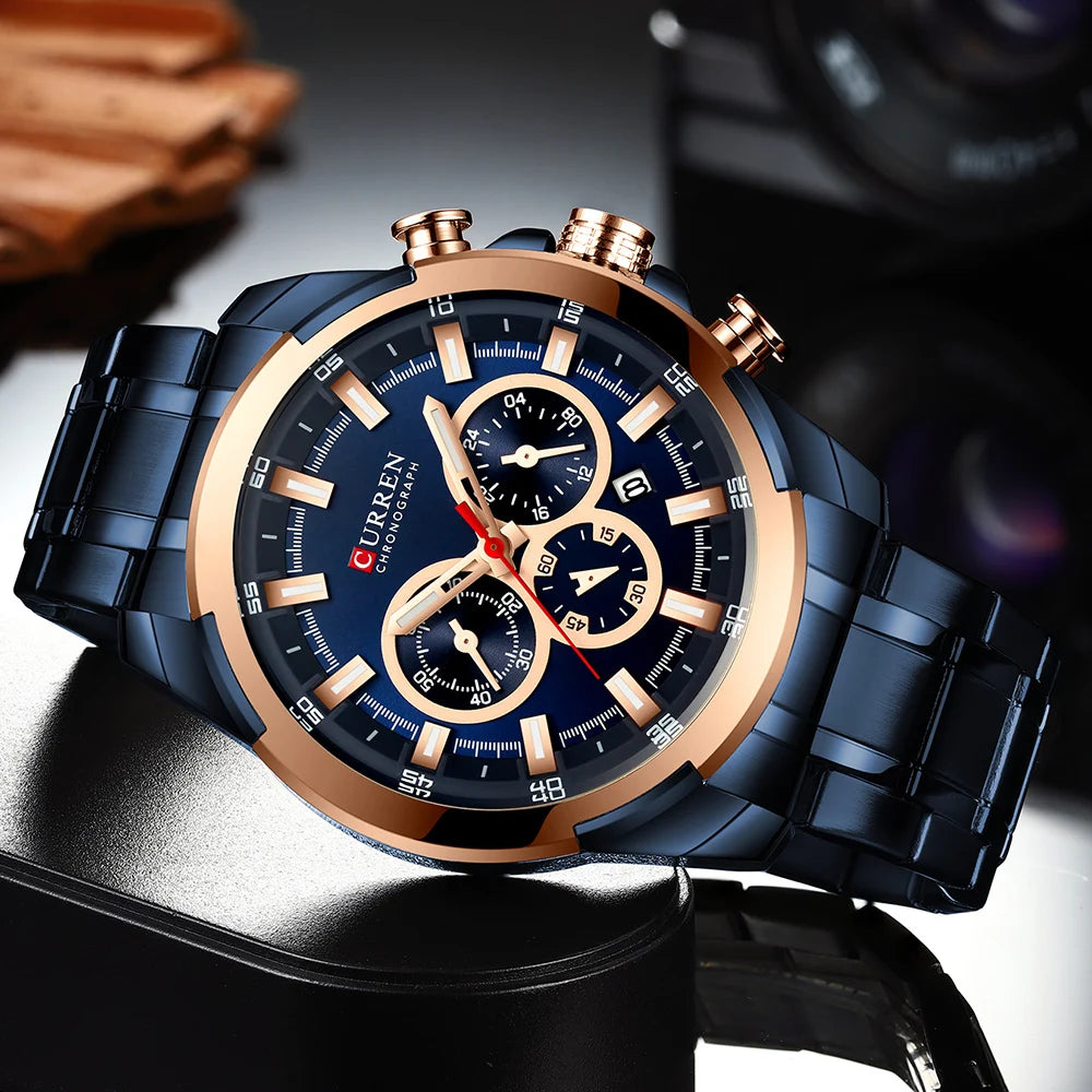 Relógio de pulso esportivo casual CURREN com pulseira de aço inoxidável e cronógrafo