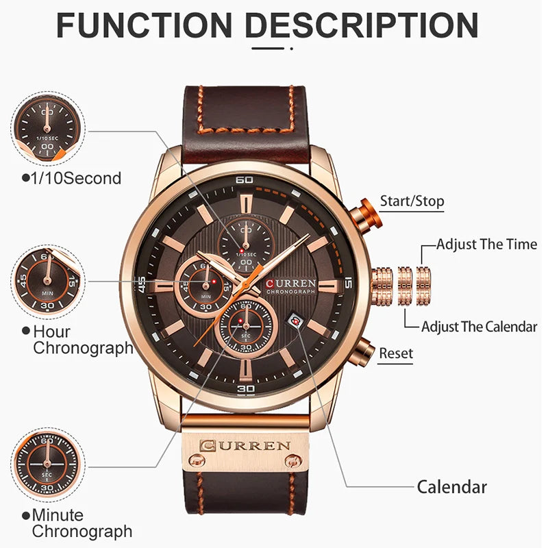 Relógio de pulso Premium Curren masculino, de couro esportivo, quartzo e cronógrafo.