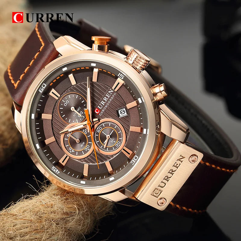 Relógio de pulso Premium Curren masculino, de couro esportivo, quartzo e cronógrafo.