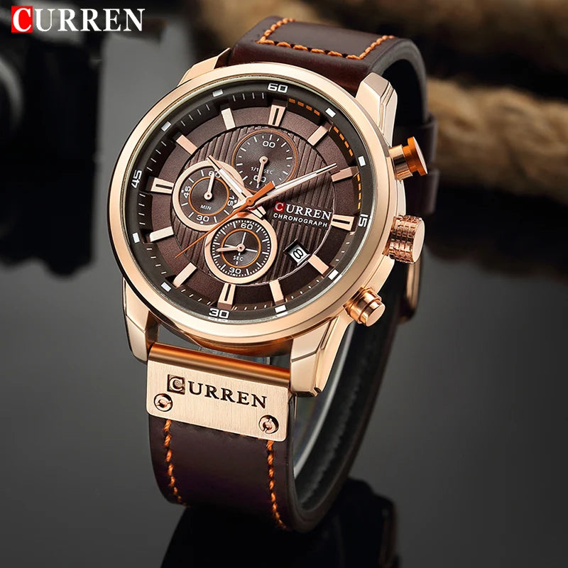 Relógio de pulso Premium Curren masculino, de couro esportivo, quartzo e cronógrafo.