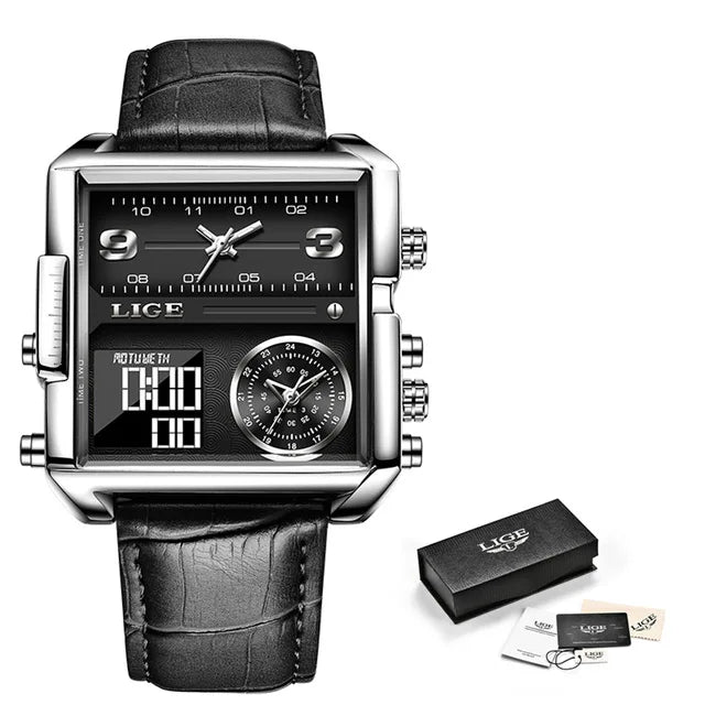 Relógio de Pulso Lige Fashion, de Aço, Digital com Mostrador Duplo, À Prova D'água, Quartzo