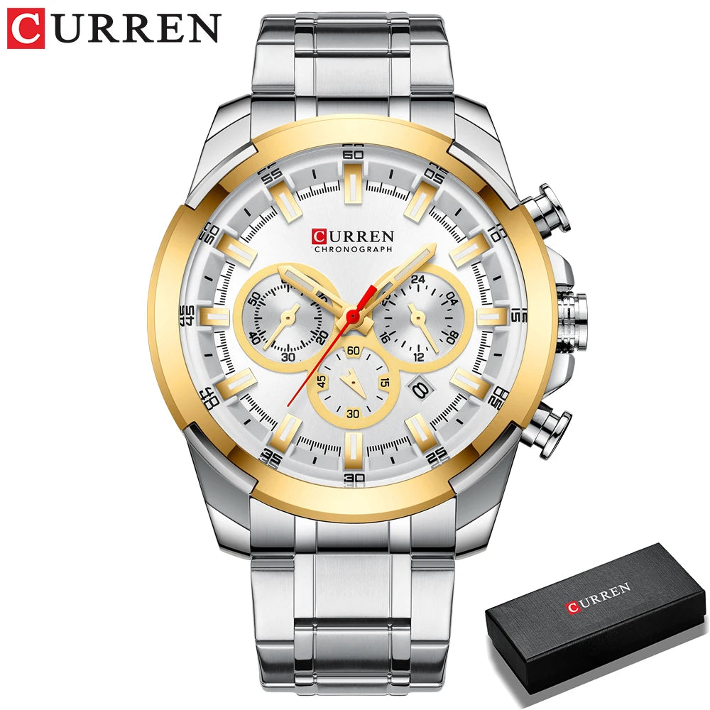 Relógio de pulso esportivo casual CURREN com pulseira de aço inoxidável e cronógrafo