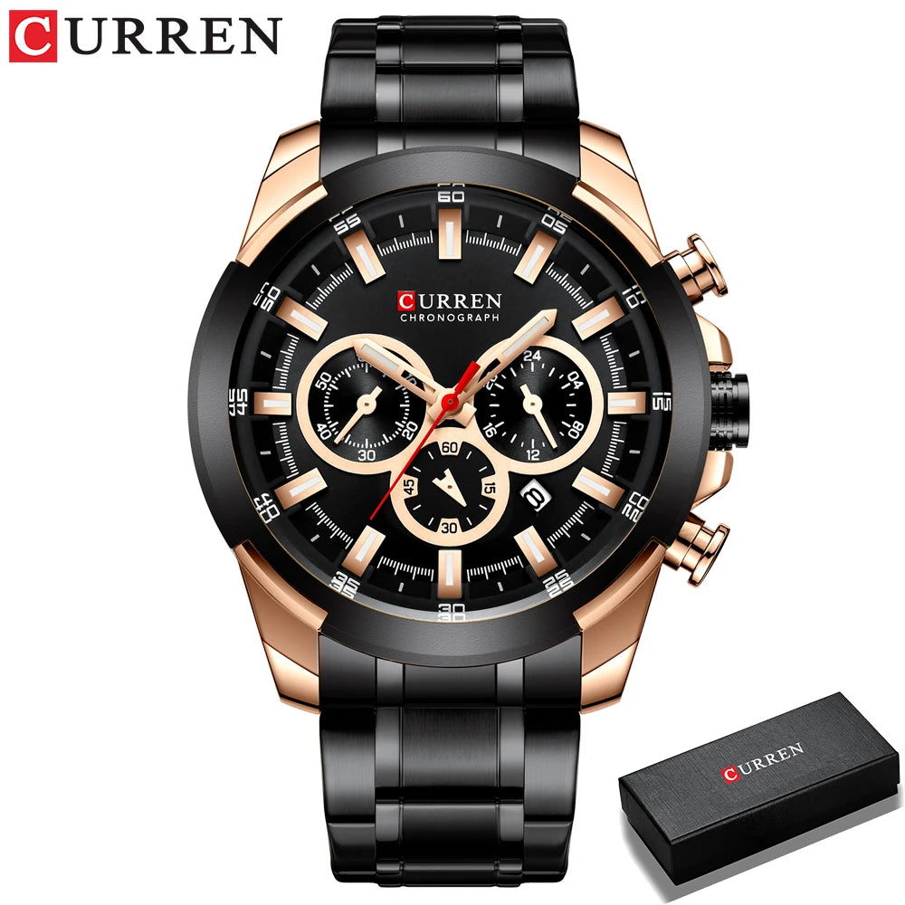 Relógio de pulso esportivo casual CURREN com pulseira de aço inoxidável e cronógrafo
