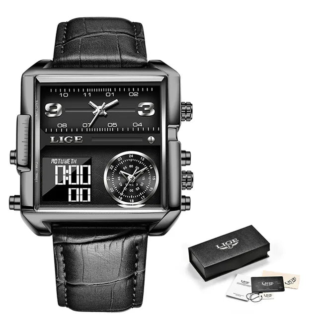 Relógio de Pulso Lige Fashion, de Aço, Digital com Mostrador Duplo, À Prova D'água, Quartzo