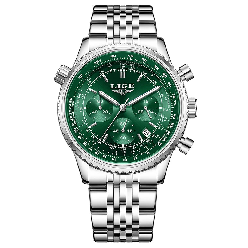 Relógio de pulso esportivo LIGE  masculino, de aço inoxidável, à prova d'água, luminoso, com data, cronógrafo, luxuoso, moderno, de quartzo