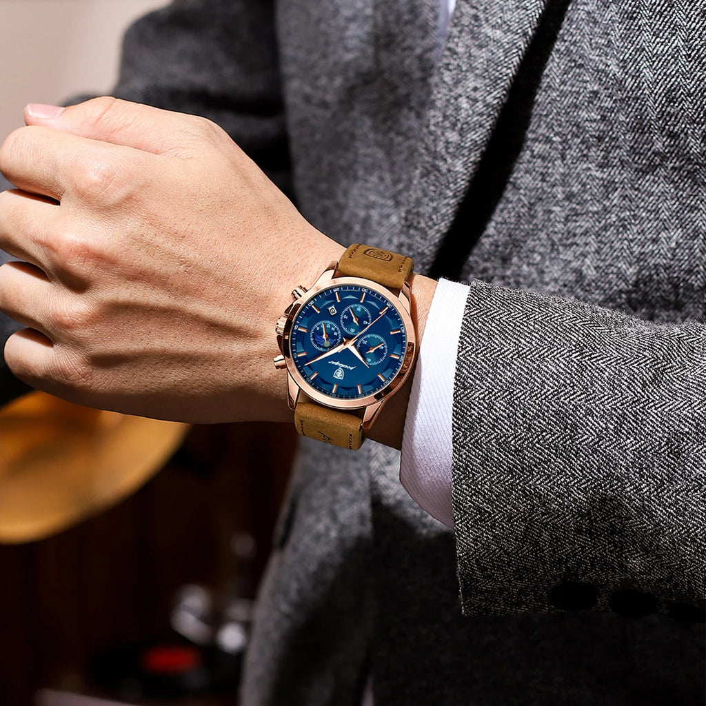 Relógio de pulso masculino POEDAGAR de luxo, quartzo, à prova d'água, cronógrafo, luminoso, data, com pulseira de couro