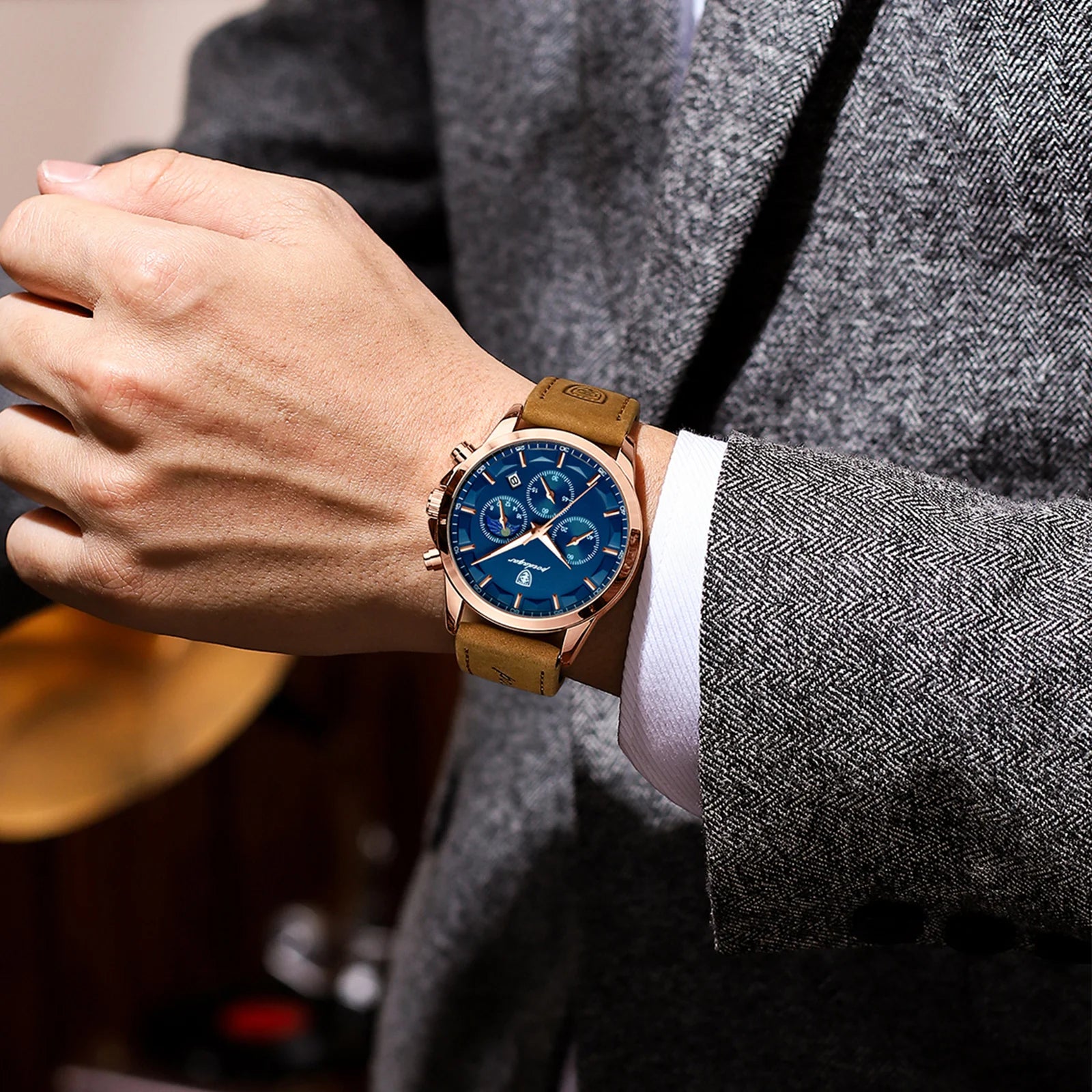 Relógio de pulso masculino POEDAGAR de luxo, quartzo, à prova d'água, cronógrafo, luminoso, data, com pulseira de couro