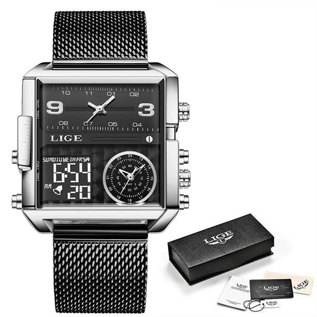 Relógio de Pulso Lige Fashion, de Aço, Digital com Mostrador Duplo, À Prova D'água, Quartzo
