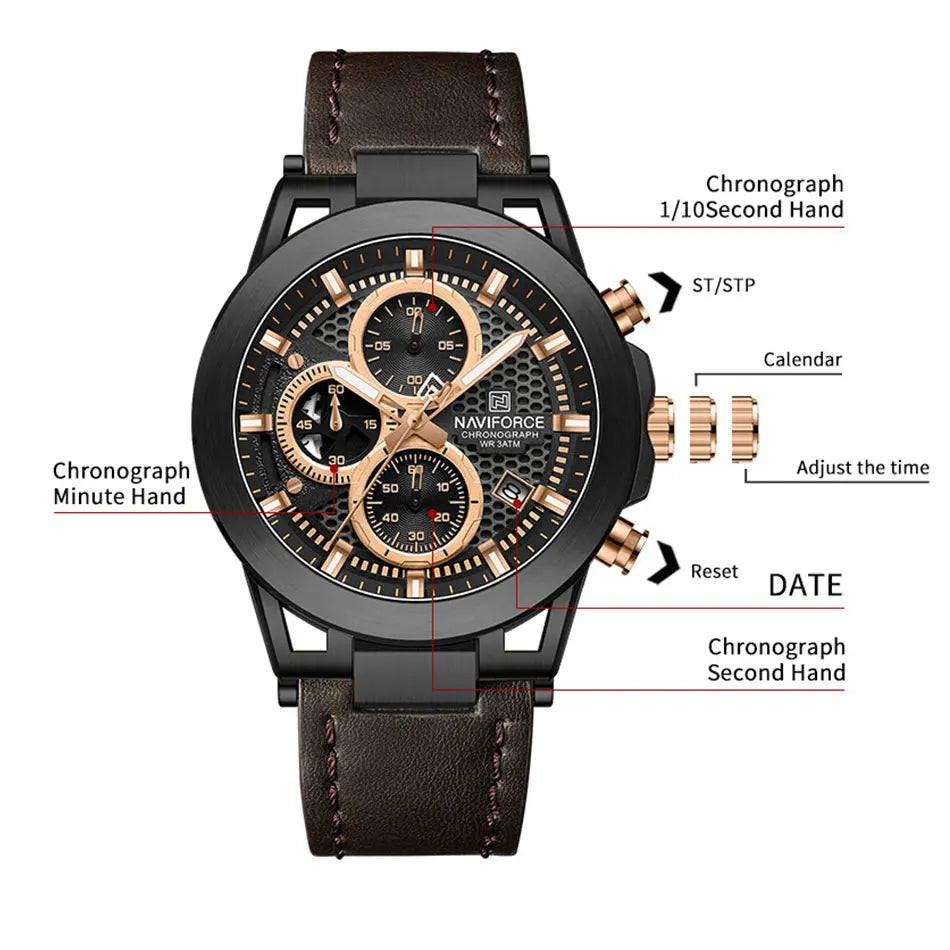 Relógio de pulso de luxo masculino NAVIFORCE à prova d'água, luminoso, quartzo, cronógrafo e pulseira de couro