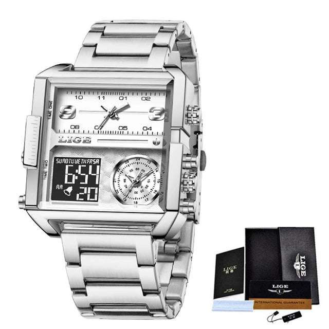 Relógio de Pulso Lige Fashion, de Aço, Digital com Mostrador Duplo, À Prova D'água, Quartzo