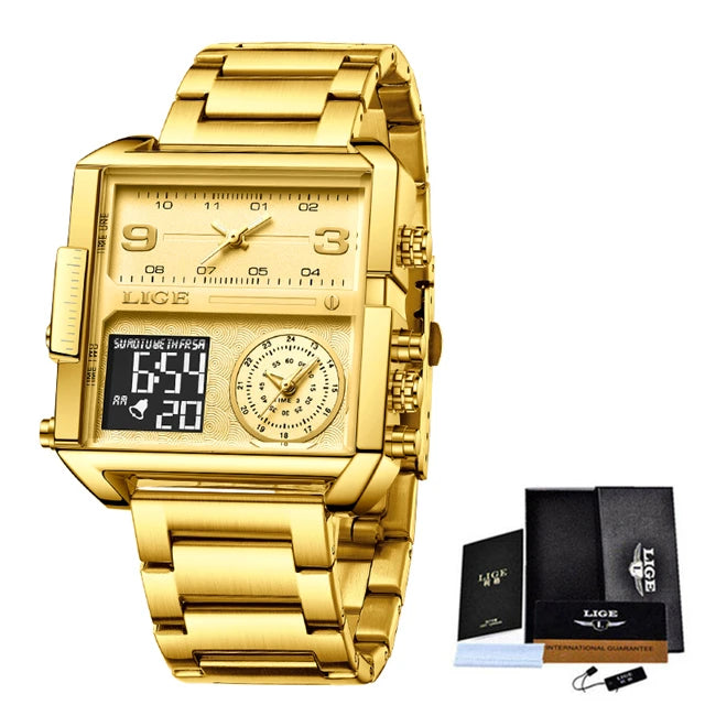 Relógio de Pulso Lige Fashion, de Aço, Digital com Mostrador Duplo, À Prova D'água, Quartzo