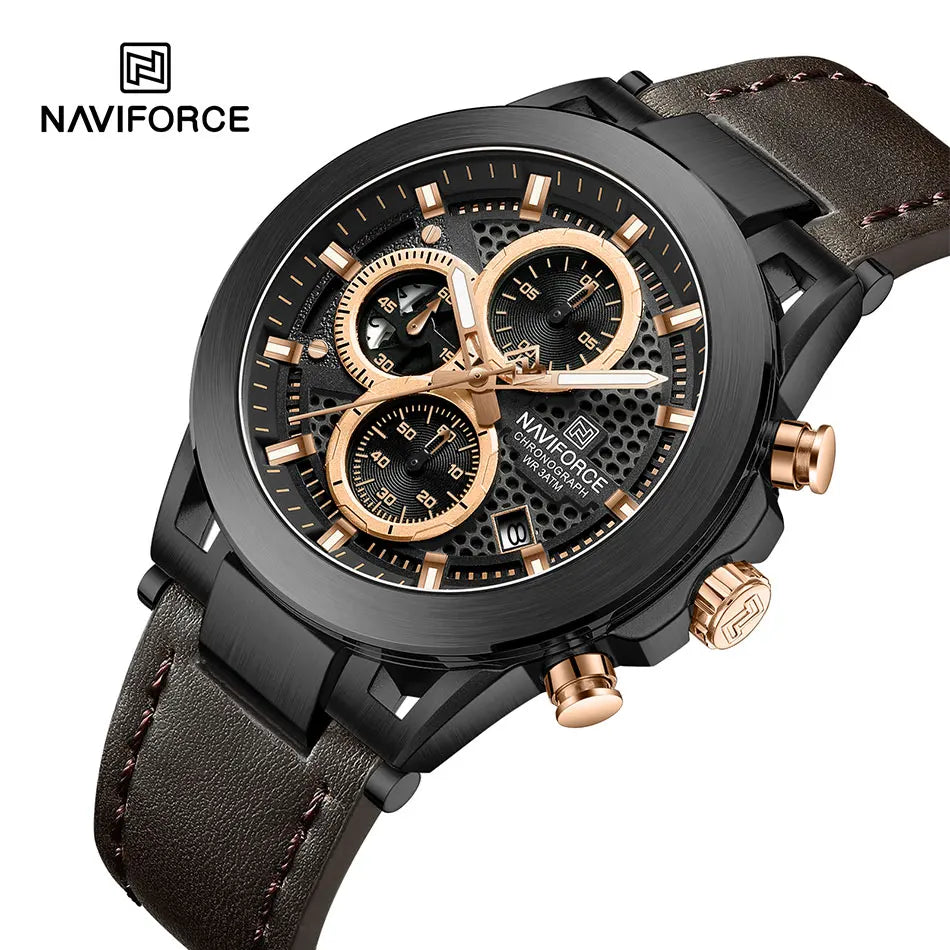 Relógio de pulso de luxo masculino NAVIFORCE à prova d'água, luminoso, quartzo, cronógrafo e pulseira de couro