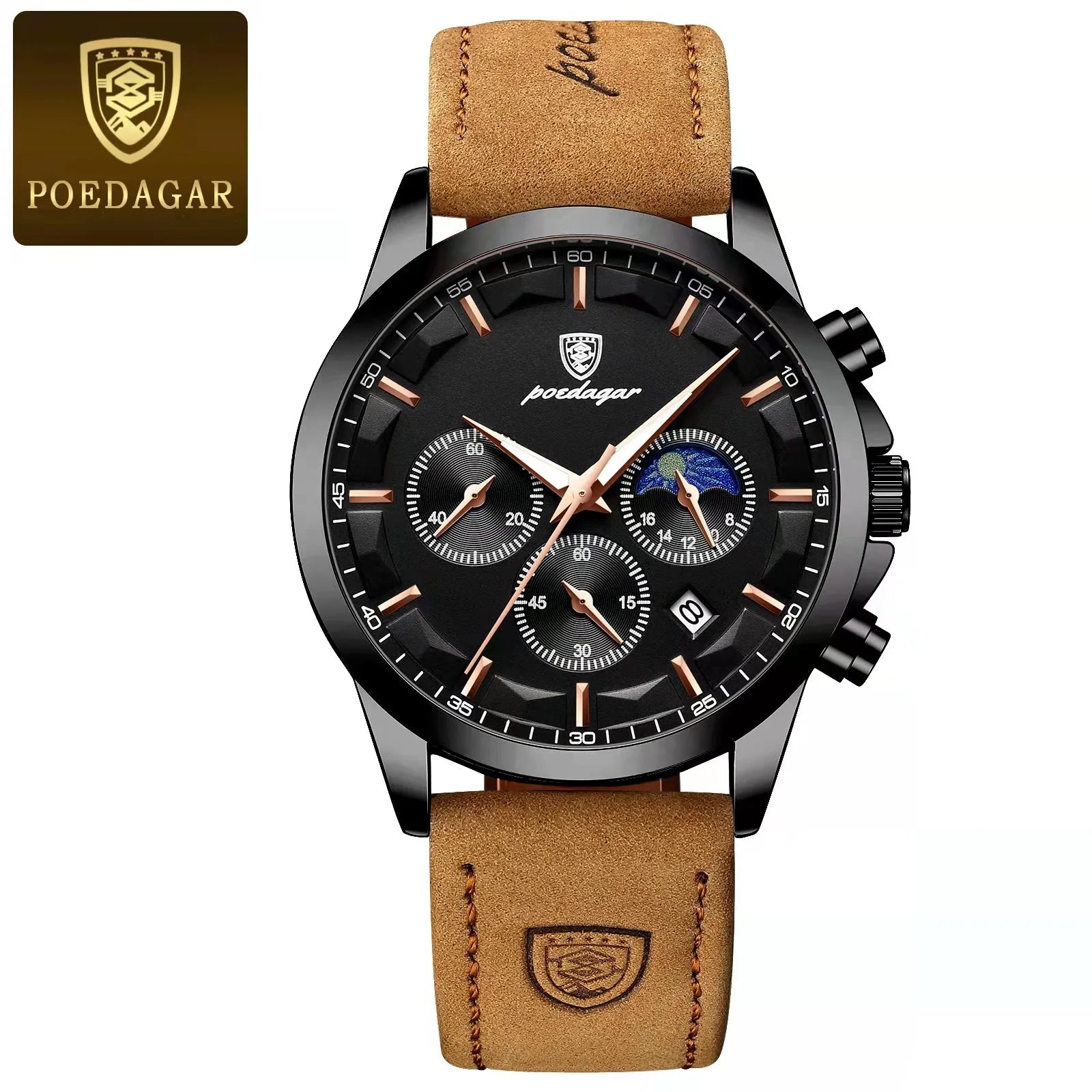 Relógio de pulso masculino POEDAGAR de luxo, quartzo, à prova d'água, cronógrafo, luminoso, data, com pulseira de couro