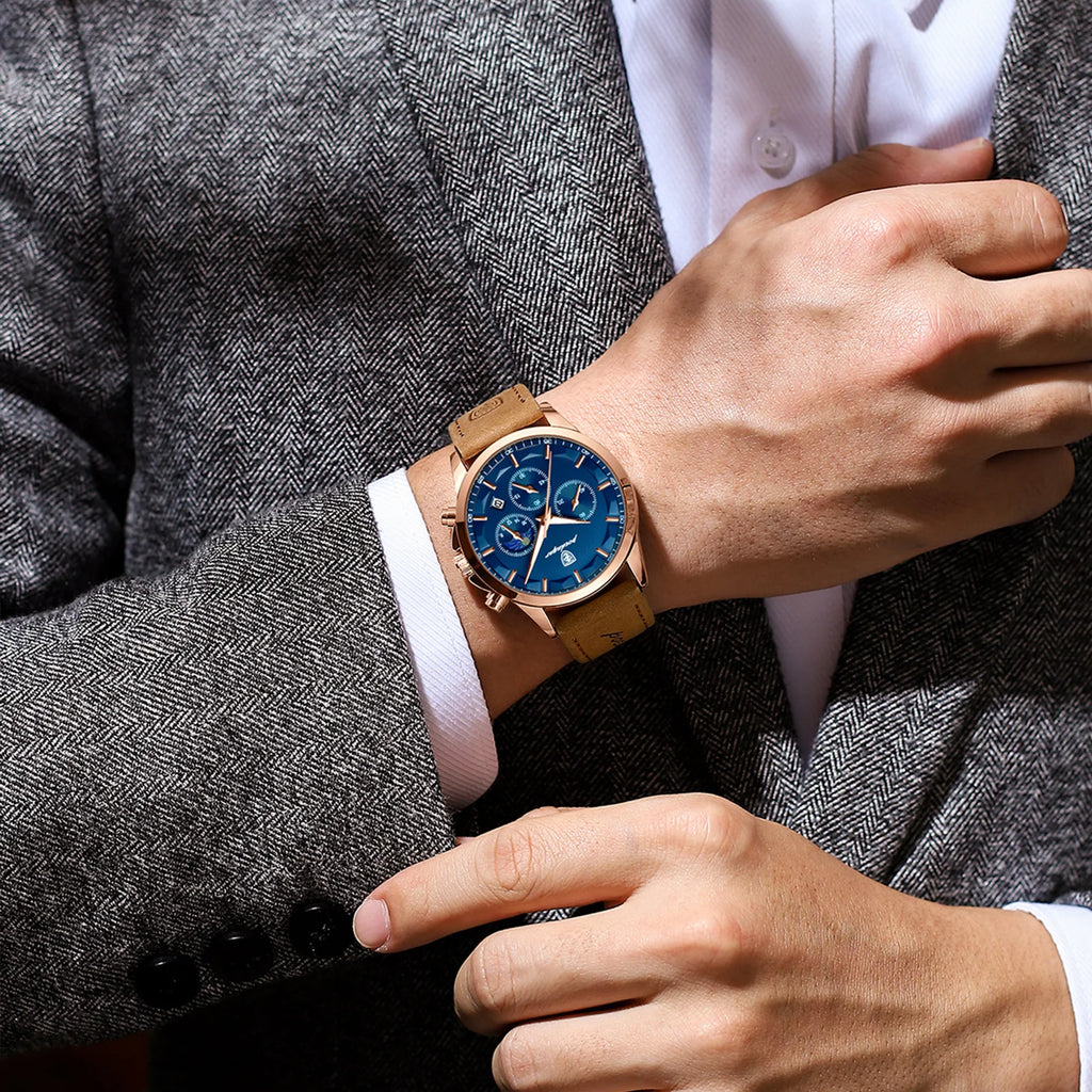 Relógio de pulso masculino POEDAGAR de luxo, quartzo, à prova d'água, cronógrafo, luminoso, data, com pulseira de couro