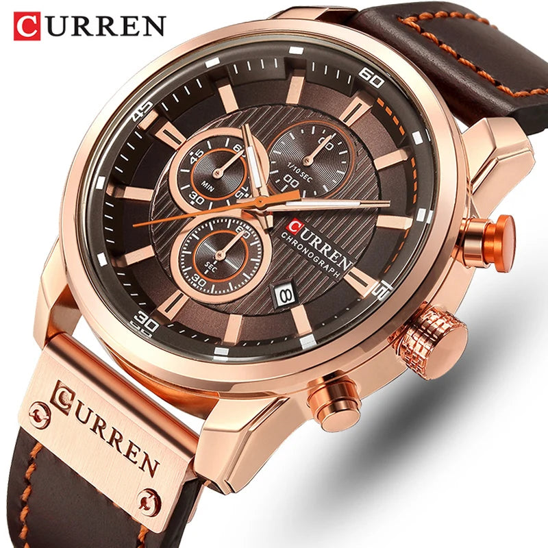 Relógio de pulso Premium Curren masculino, de couro esportivo, quartzo e cronógrafo.