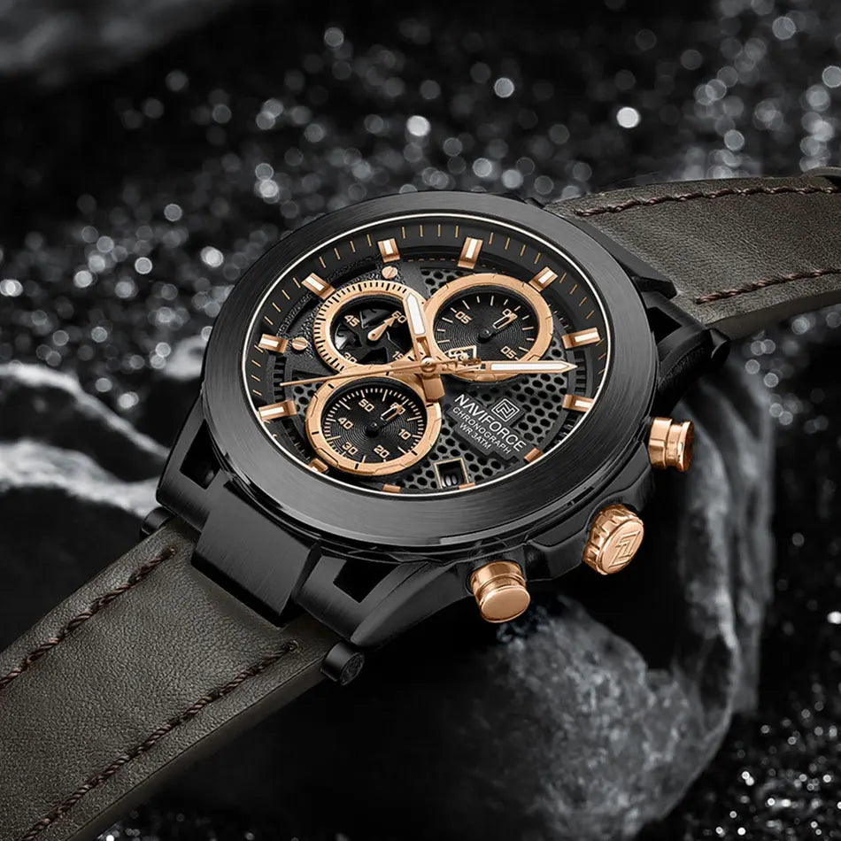 Relógio de pulso de luxo masculino NAVIFORCE à prova d'água, luminoso, quartzo, cronógrafo e pulseira de couro