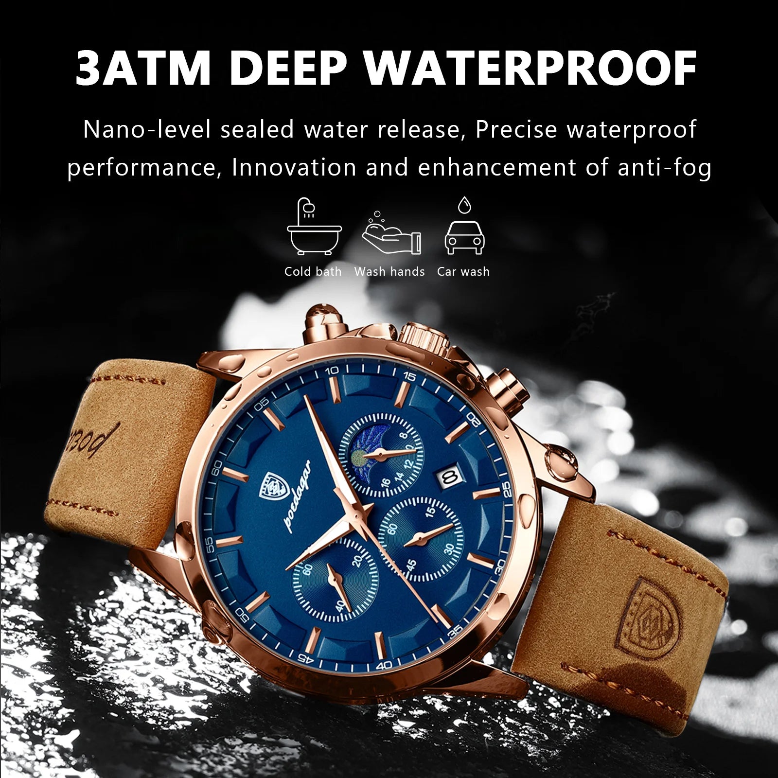 Relógio de pulso masculino POEDAGAR de luxo, quartzo, à prova d'água, cronógrafo, luminoso, data, com pulseira de couro