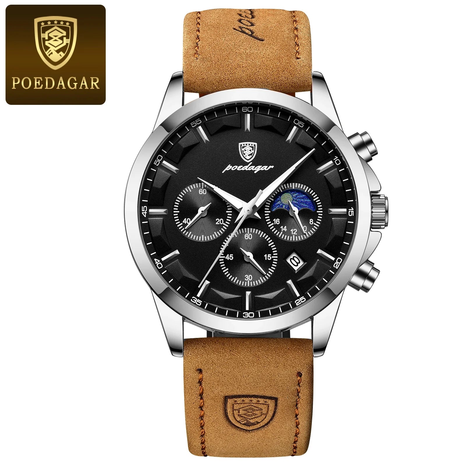 Relógio de pulso masculino POEDAGAR de luxo, quartzo, à prova d'água, cronógrafo, luminoso, data, com pulseira de couro