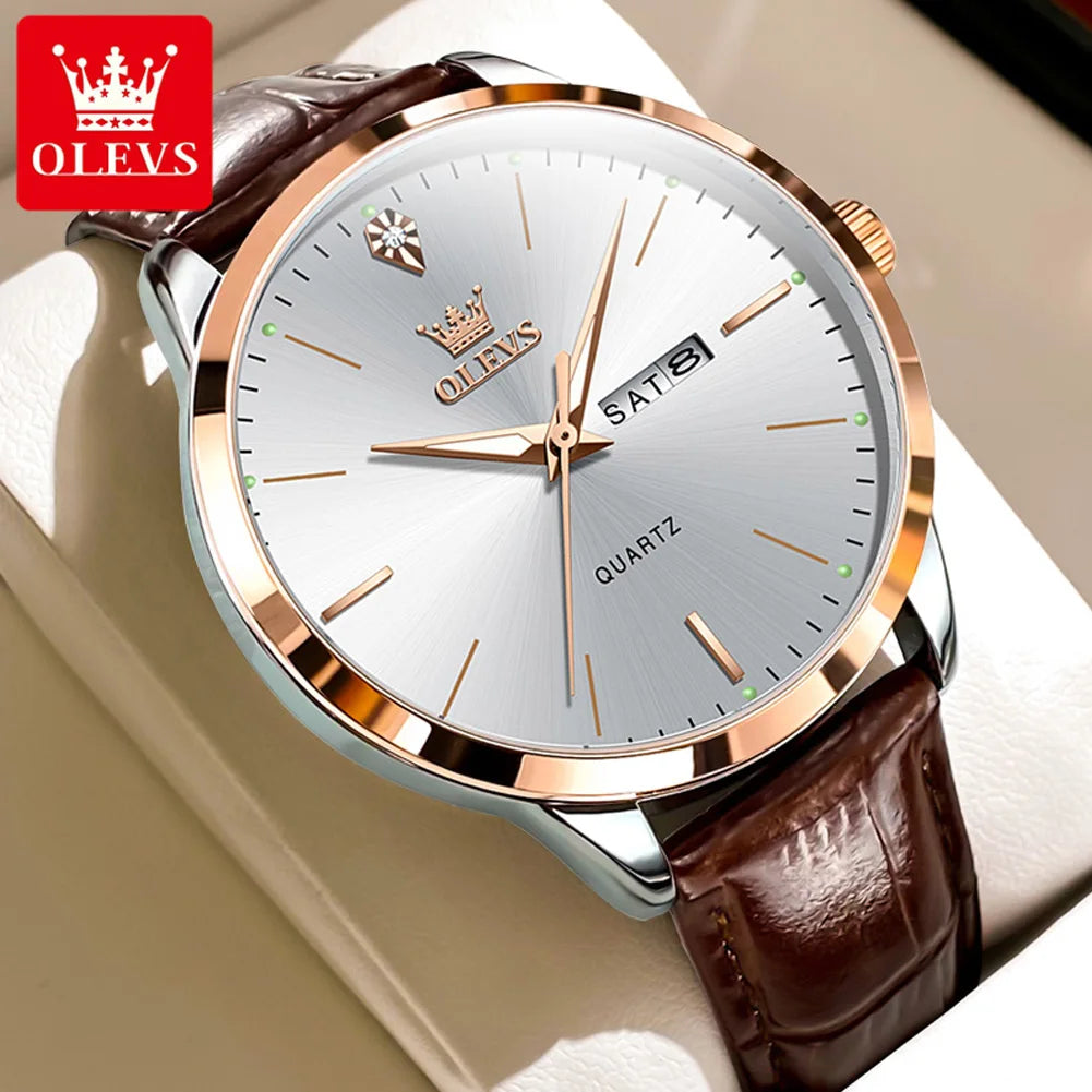 Relógio de pulso OLEVS Fashion Business com pulseira de couro, calendário da semana, luminoso, à prova d'água e mostrador de 43 mm