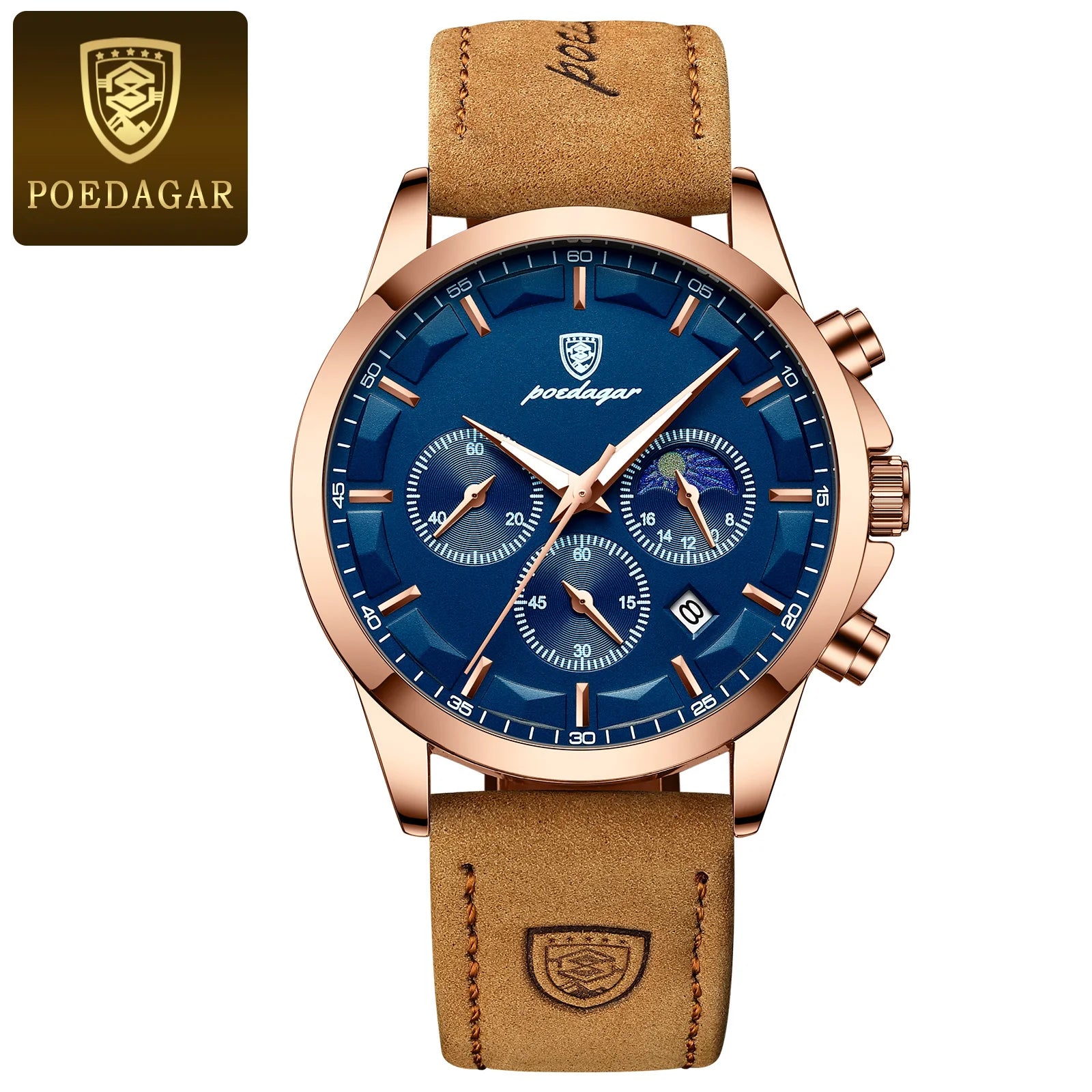 Relógio de pulso masculino POEDAGAR de luxo, quartzo, à prova d'água, cronógrafo, luminoso, data, com pulseira de couro