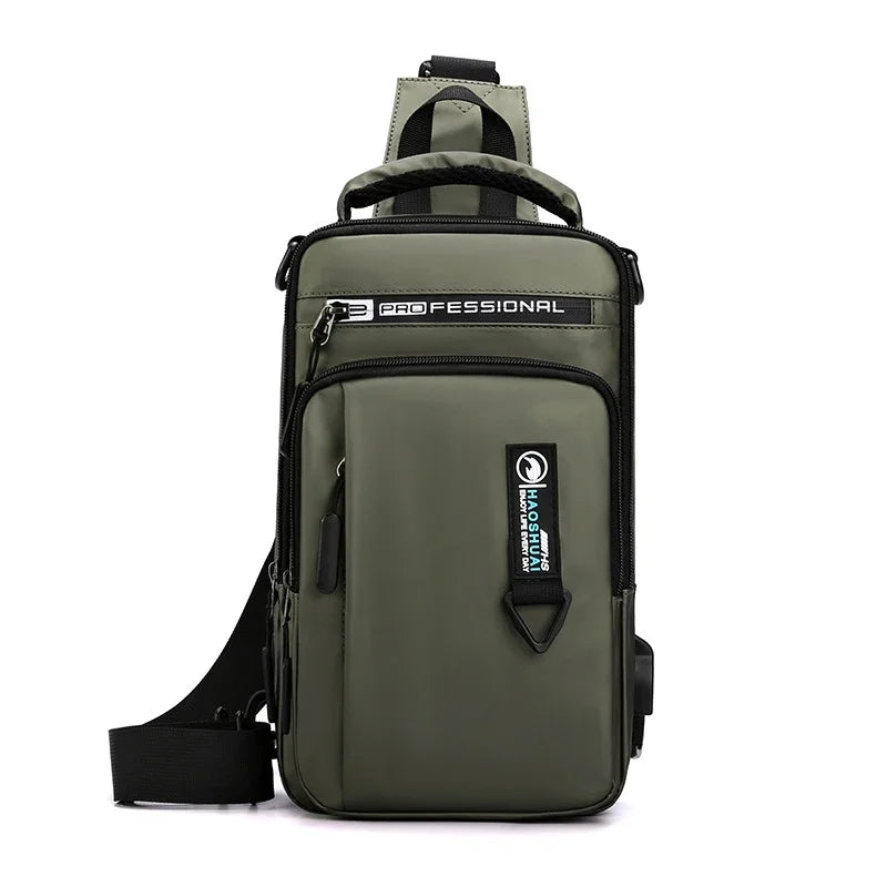 Mochila masculina transversal de ombro, pequena, com porta de carregamento USB