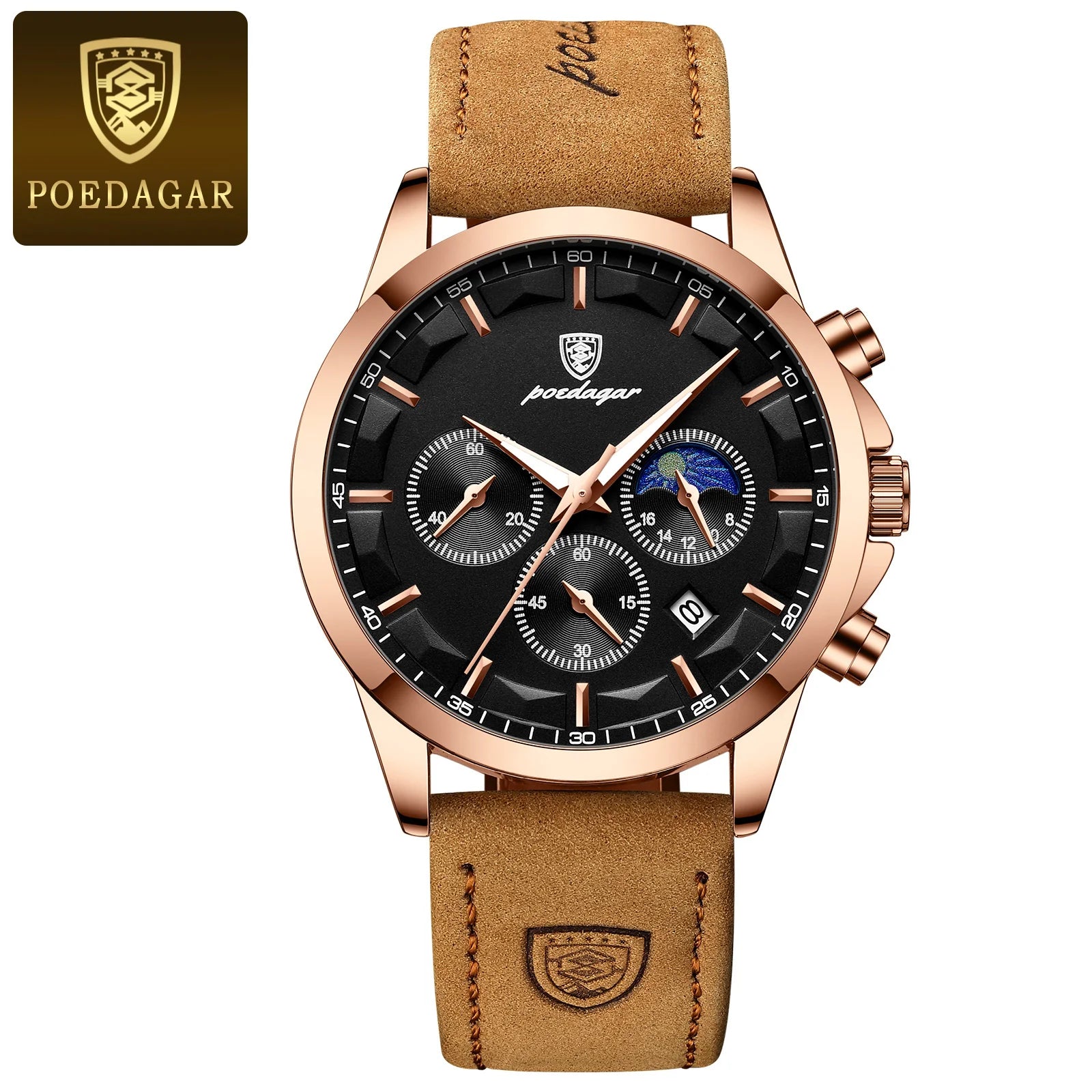 Relógio de pulso masculino POEDAGAR de luxo, quartzo, à prova d'água, cronógrafo, luminoso, data, com pulseira de couro
