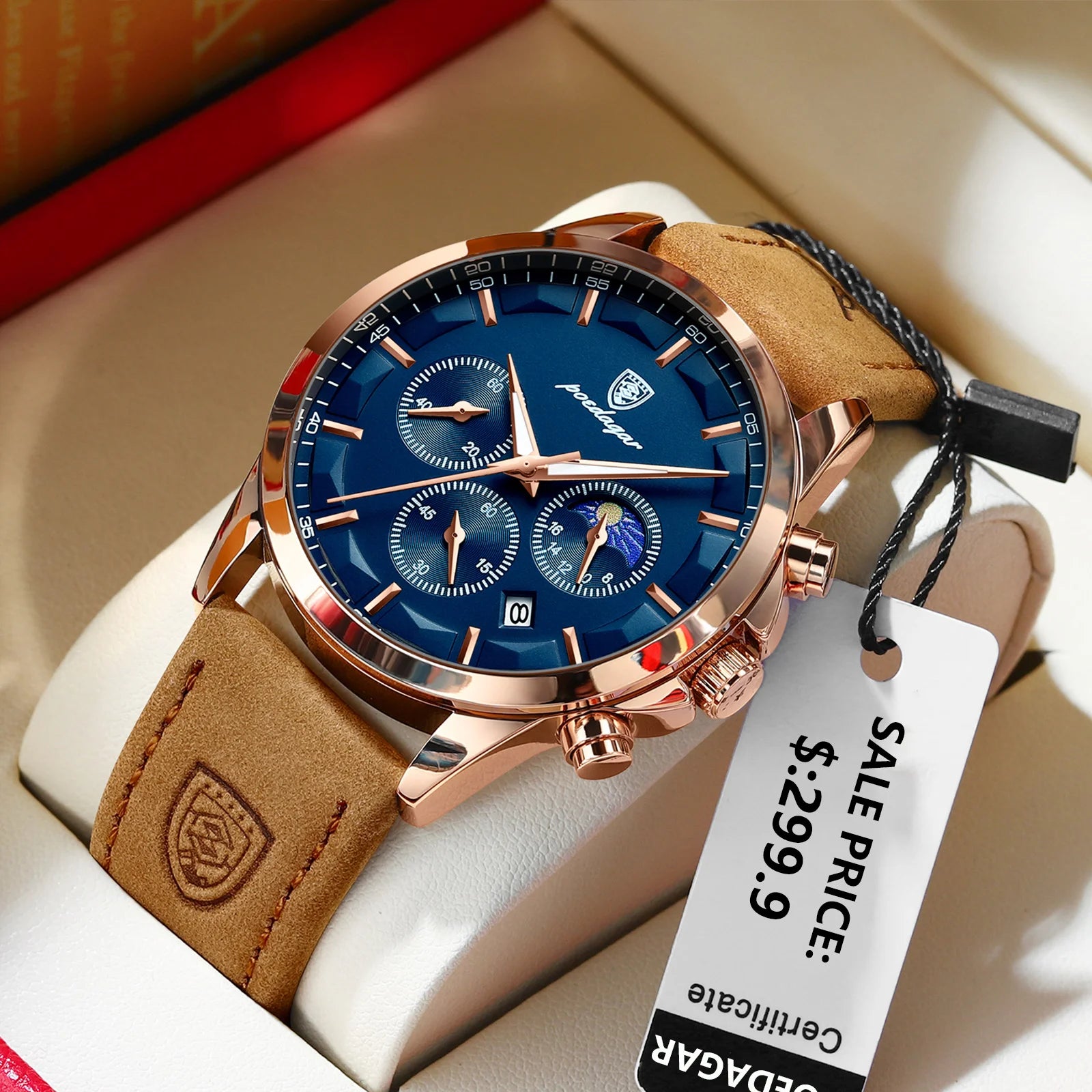 Relógio de pulso masculino POEDAGAR de luxo, quartzo, à prova d'água, cronógrafo, luminoso, data, com pulseira de couro