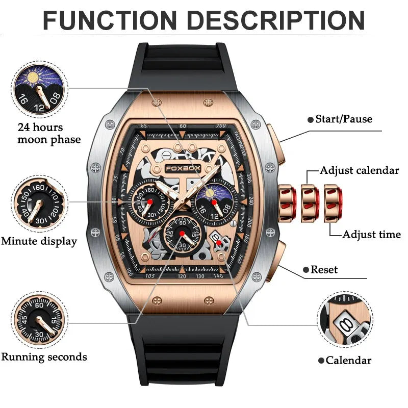 Relógio de pulso Luxo FoxBox esportivo, masculino, à prova d'água, quartzo e cronógrafo