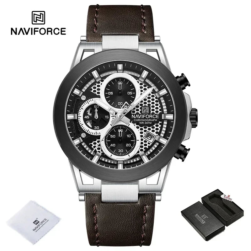 Relógio de pulso de luxo masculino NAVIFORCE à prova d'água, luminoso, quartzo, cronógrafo e pulseira de couro