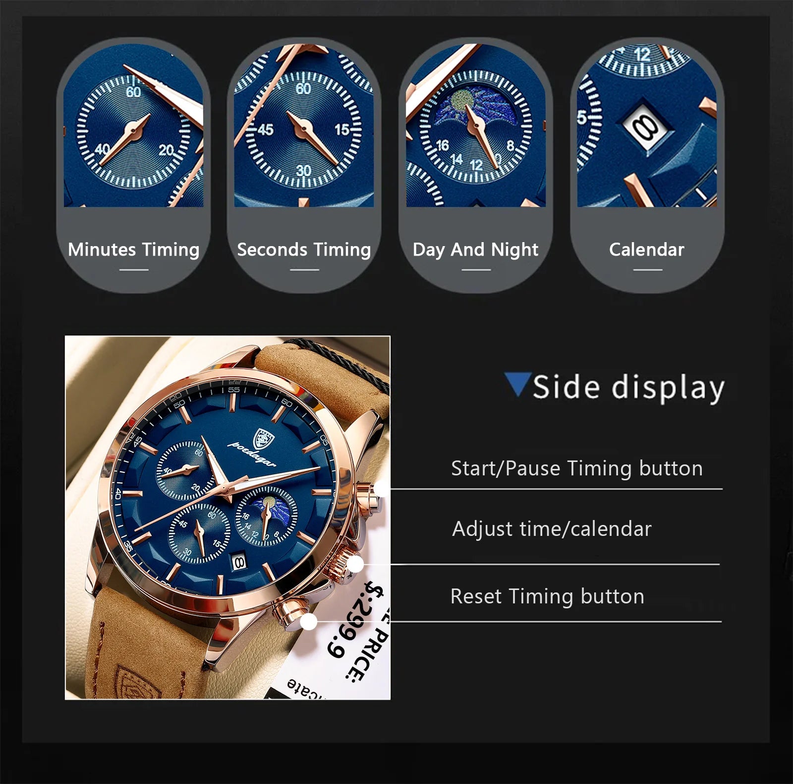 Relógio de pulso masculino POEDAGAR de luxo, quartzo, à prova d'água, cronógrafo, luminoso, data, com pulseira de couro