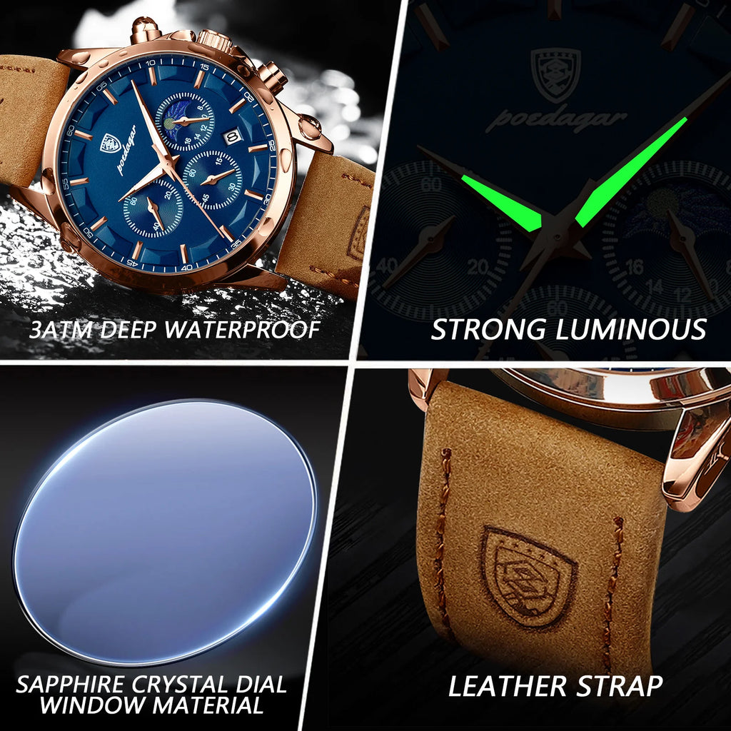 Relógio de pulso masculino POEDAGAR de luxo, quartzo, à prova d'água, cronógrafo, luminoso, data, com pulseira de couro