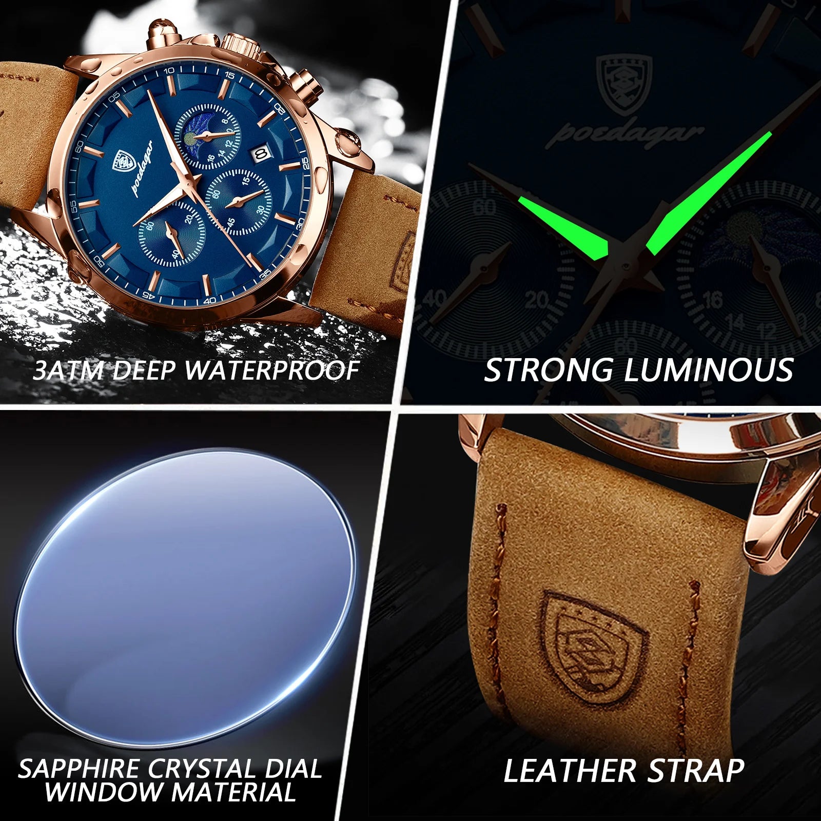 Relógio de pulso masculino POEDAGAR de luxo, quartzo, à prova d'água, cronógrafo, luminoso, data, com pulseira de couro