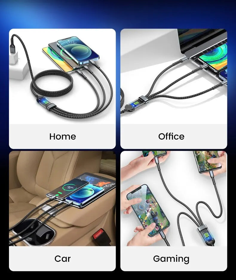 Cabo USB Carregador Super Rápido 3-em-1 100W para Iphone,Samsung e Xiaomi
