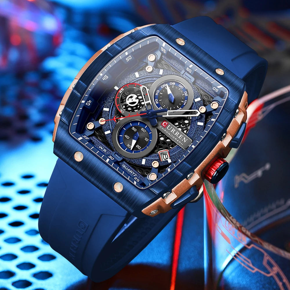 Relógios de Pulso CURREN esportivo com mostrador grande, pulseiras de silicone, quartzo e com data automática