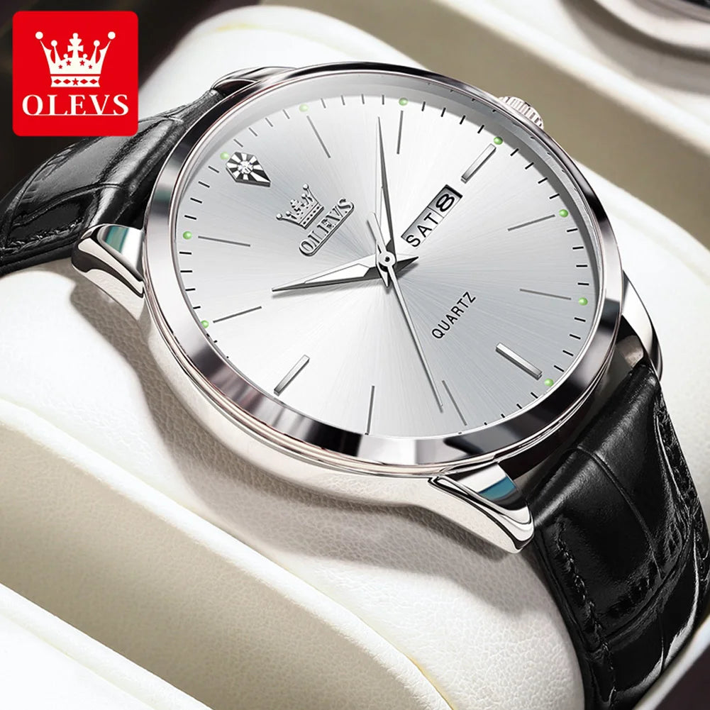 Relógio de pulso OLEVS Fashion Business com pulseira de couro, calendário da semana, luminoso, à prova d'água e mostrador de 43 mm
