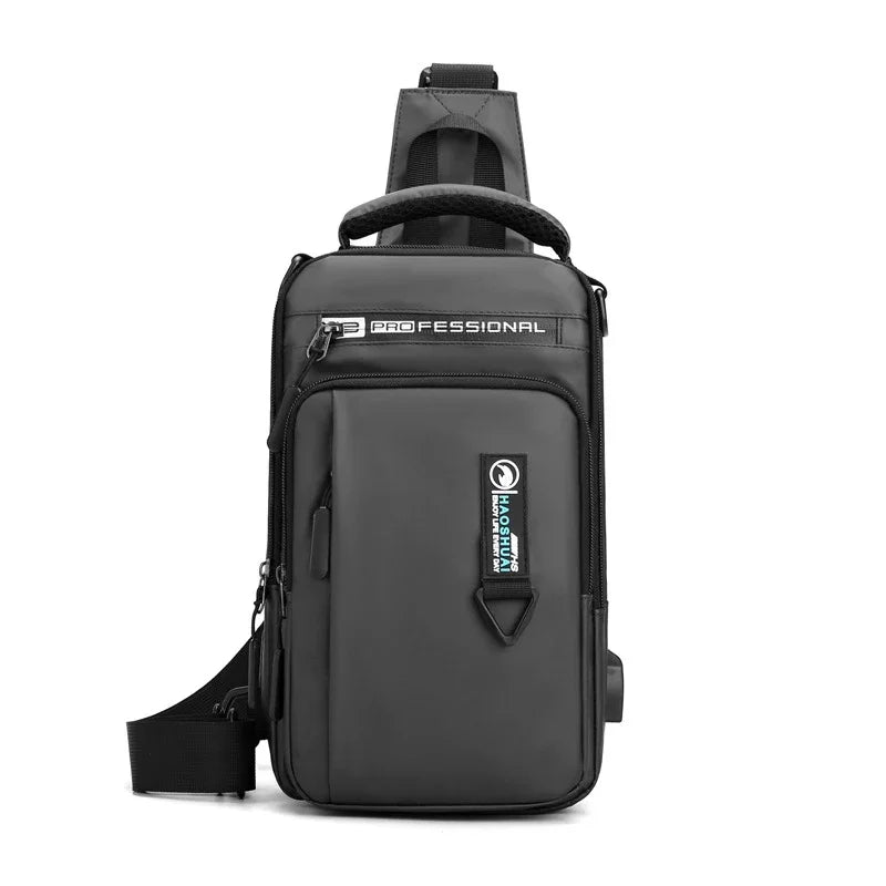 Mochila masculina transversal de ombro, pequena, com porta de carregamento USB