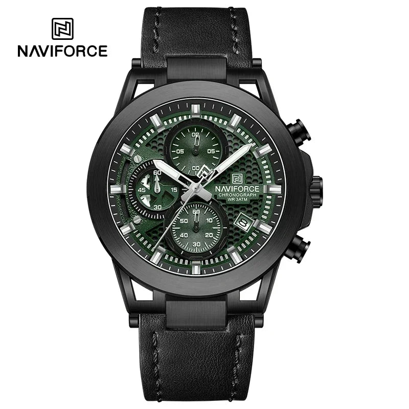 Relógio de pulso de luxo masculino NAVIFORCE à prova d'água, luminoso, quartzo, cronógrafo e pulseira de couro