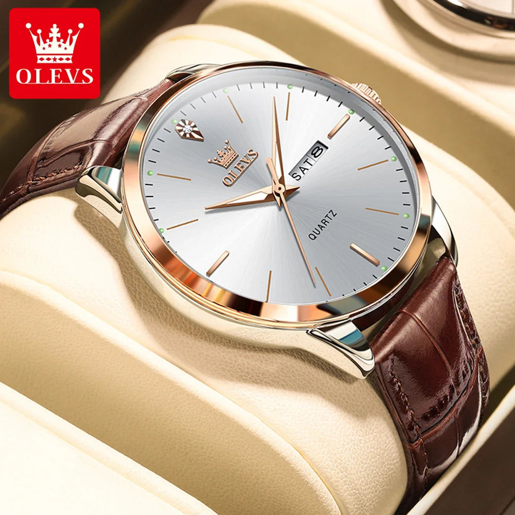 Relógio de pulso OLEVS Fashion Business com pulseira de couro, calendário da semana, luminoso, à prova d'água e mostrador de 43 mm