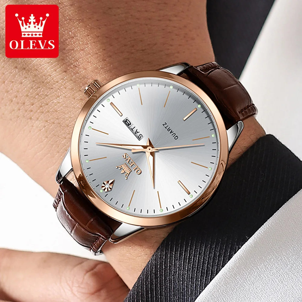 Relógio de pulso OLEVS Fashion Business com pulseira de couro, calendário da semana, luminoso, à prova d'água e mostrador de 43 mm